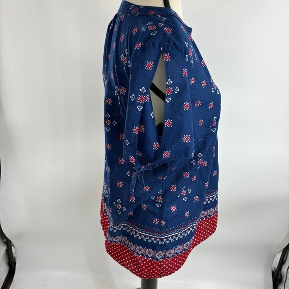 Talbots Boho Print Tunic Top Women’s Size M Blue Red Short Sleeve Split Sleeve - Picture 3 of 6